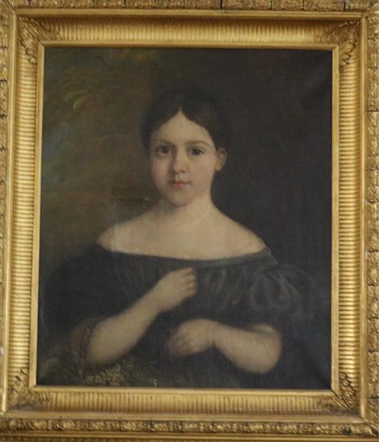 19th century English School Portrait of a girl holding a basket of flowers 21 x 18in.